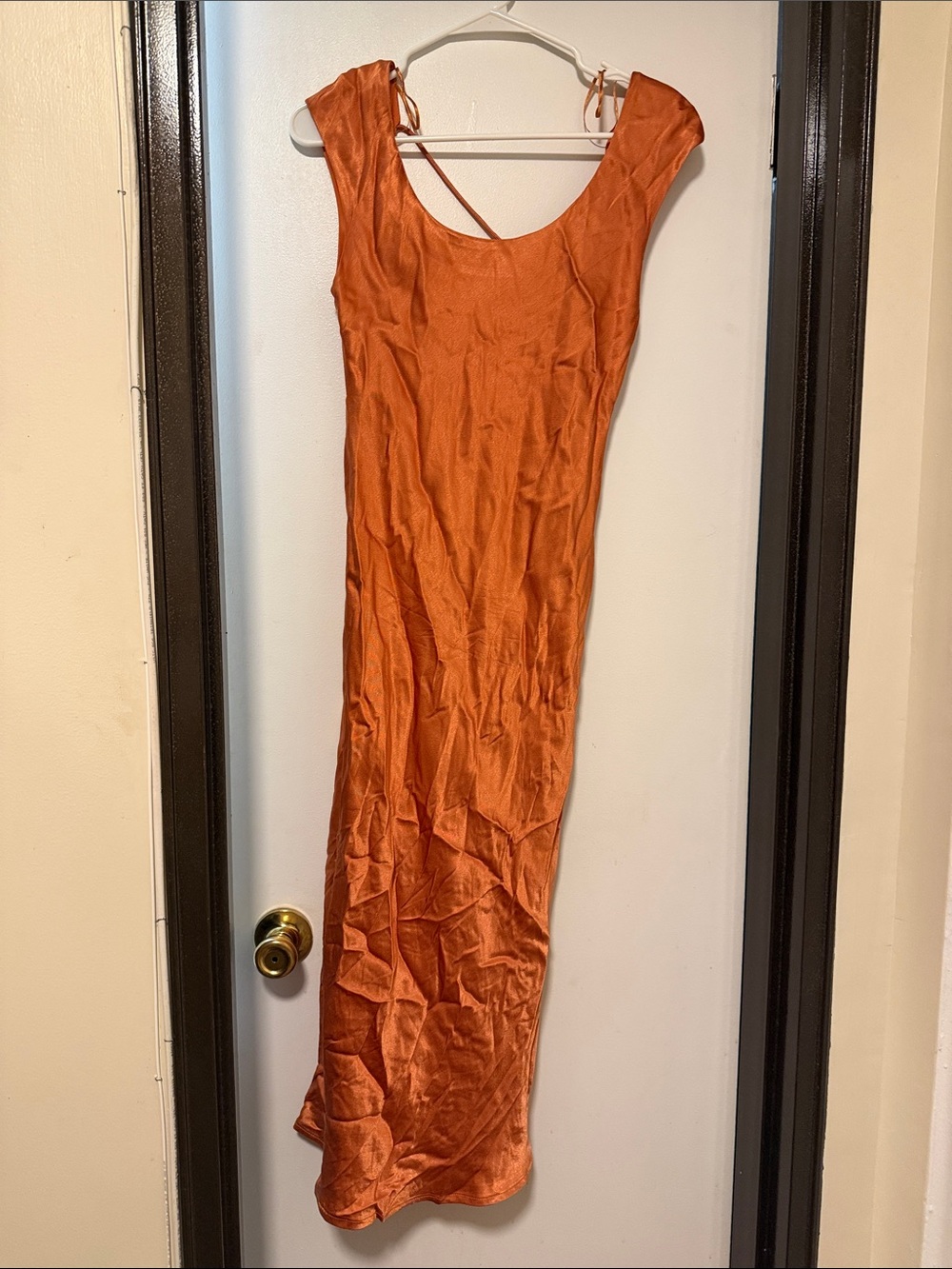 ASTR Satin Midi Slip Dress in Burnt Orange